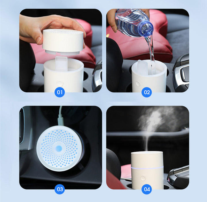 Ultrasonic Car Aromatherapy Diffuser with Lighting and Humidification.